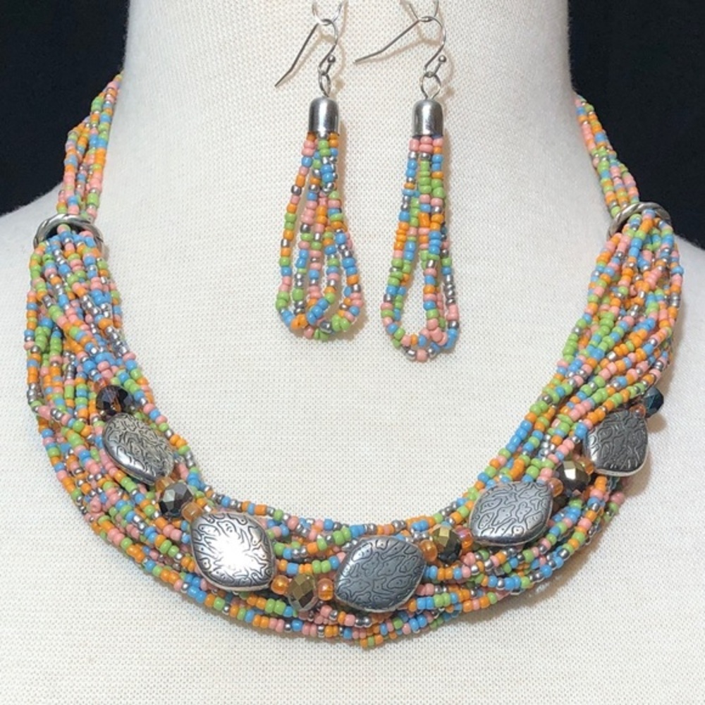 Layered Multicolor Bead Necklace Earrings Set